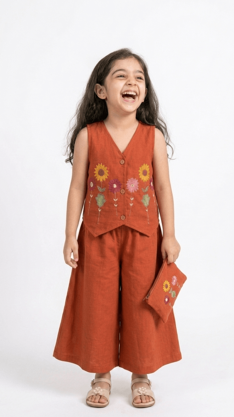 Girls Rust Orange Embroidered Waistcoat and Palazzo Co-Ord Set | Kids Indo-Western Casual Festive Fusion Dress