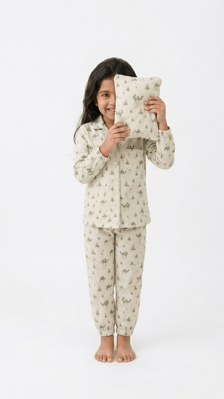 Satrangi House Kids 100% Pure Cotton Woven Full-Sleeve Sage Green Camel Print Night Suit Pajama Set with Travel Pouch
