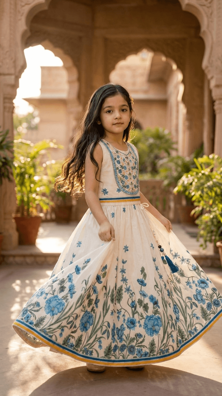 Girls Cream & Blue Floral Embroidered Ethnic Lehenga Gown | Kids Traditional Cotton Festive Wear Dress