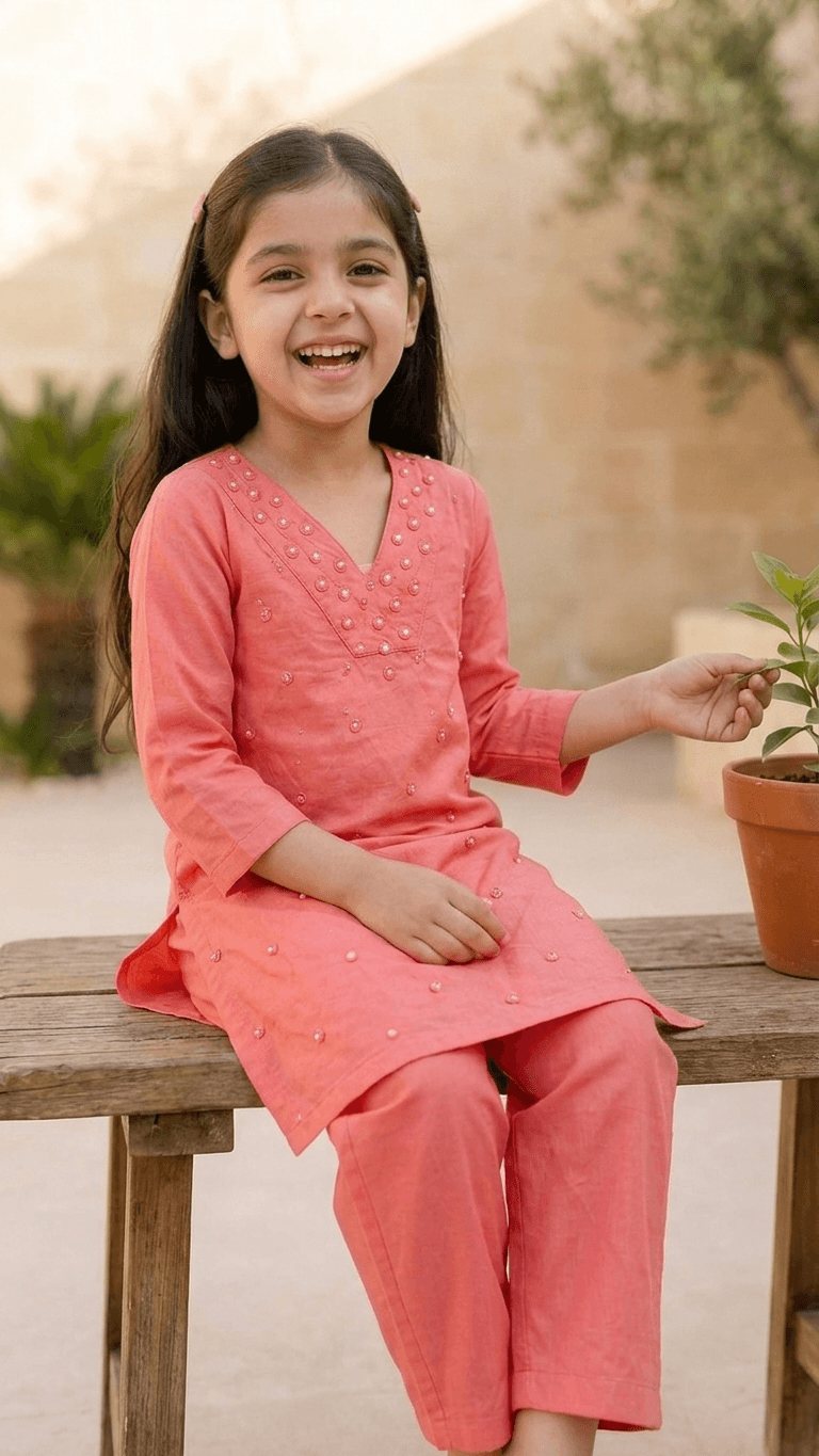 Girls Peach Mirror Work Kurta Pant Set | Kids Traditional Cotton Straight Kurti Trousers Festive Wear