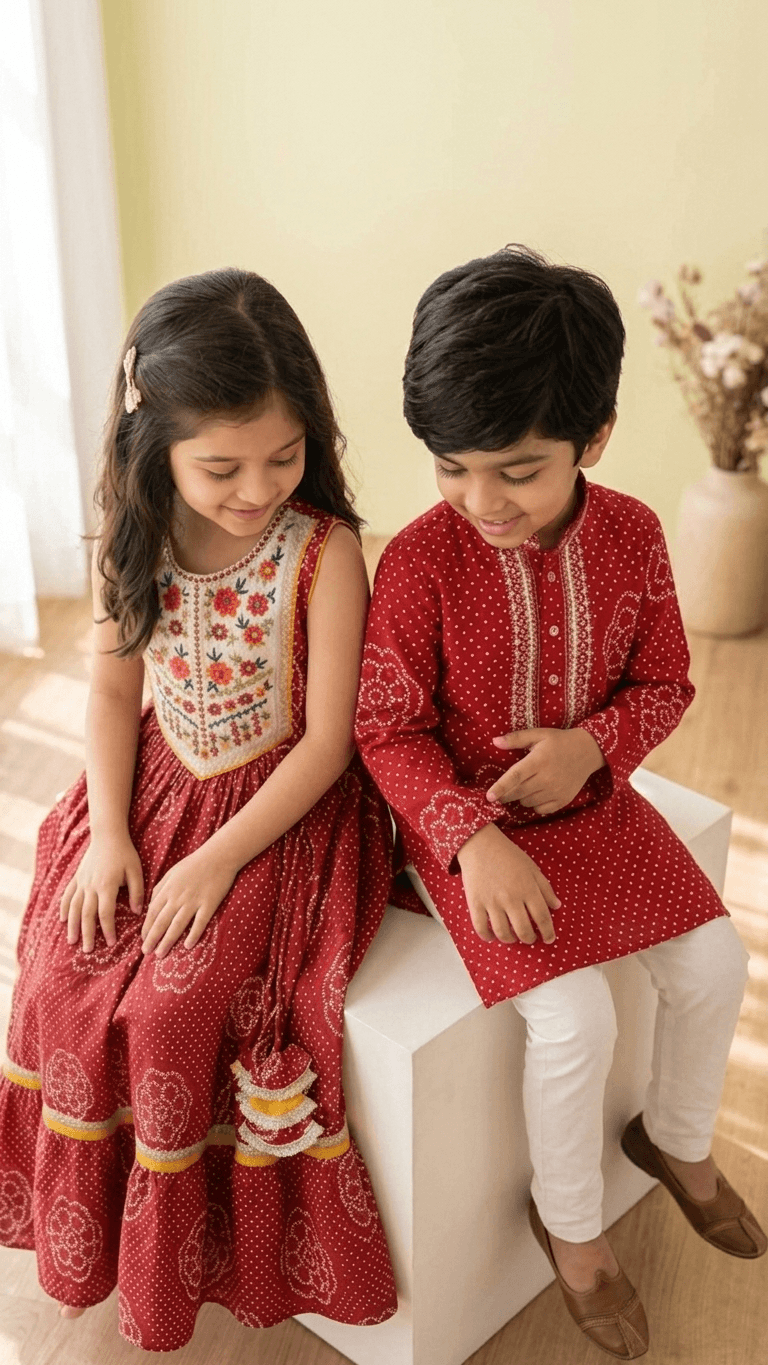 Brother Sister Matching Red Bandhani Festive Combo Set | Kids Crimson Lehenga Choli and Boys Kurta Pyjama Ethnic Suit