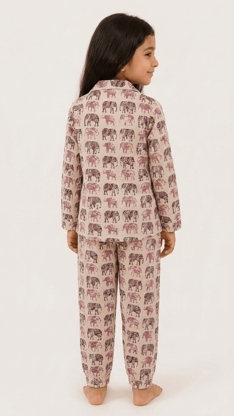 Satrangi House Kids 100% Pure Cotton Woven Full-Sleeve Maroon Elephant Print Night Suit Pajama Set with Travel Pouch - Grl-935
