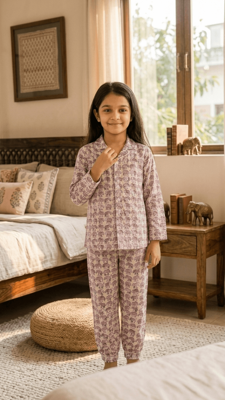 Satrangi House Kids 100% Pure Cotton Woven Full-Sleeve Elephant Print Night Suit Pajama Set with Travel Pouch - Pink