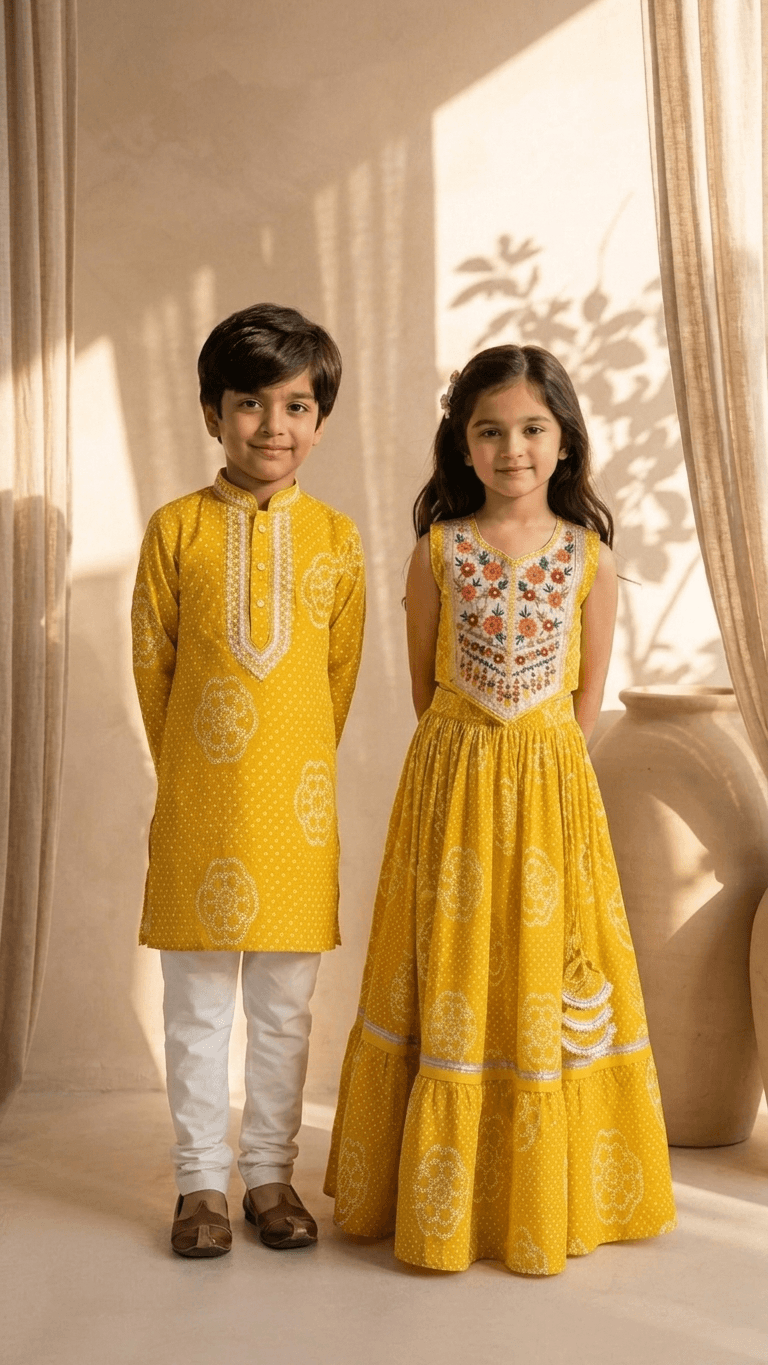 Brother Sister Matching Yellow Bandhani Festive Combo Set | Kids Haldi Lehenga Choli and Boys Kurta Pyjama Ethnic Suit