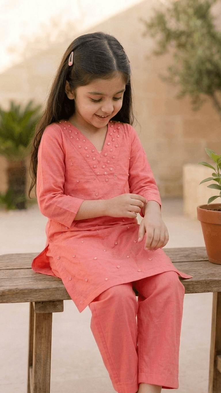 Girls Peach Mirror Work Kurta Pant Set | Kids Traditional Cotton Straight Kurti Trousers Festive Wear