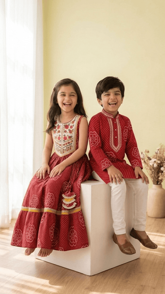 Brother Sister Matching Red Bandhani Festive Combo Set | Kids Crimson Lehenga Choli and Boys Kurta Pyjama Ethnic Suit