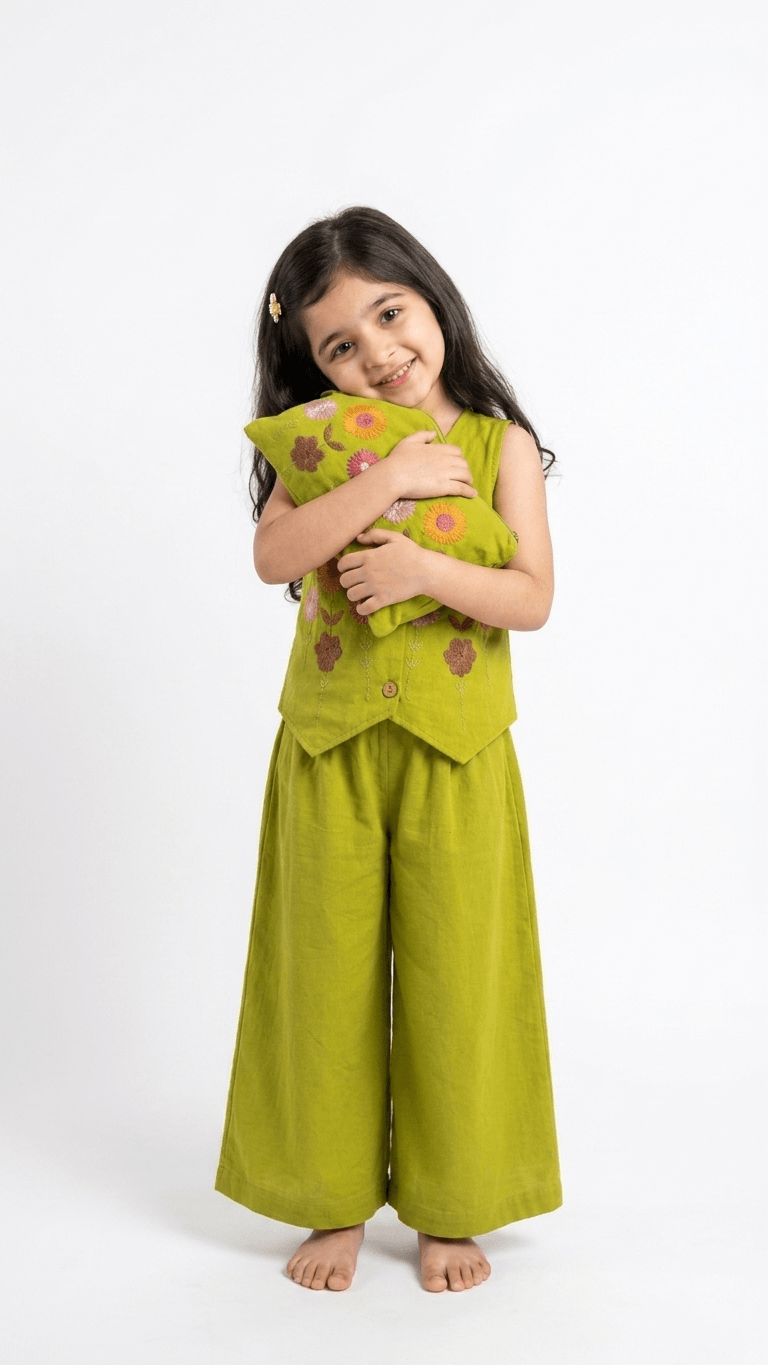 Girls Lime Green Embroidered Waistcoat and Palazzo Co-Ord Set | Kids Indo-Western Casual Festive Fusion Dress