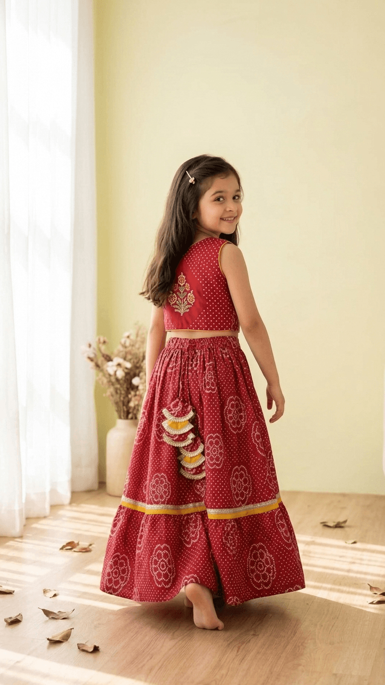 Brother Sister Matching Red Bandhani Festive Combo Set | Kids Crimson Lehenga Choli and Boys Kurta Pyjama Ethnic Suit