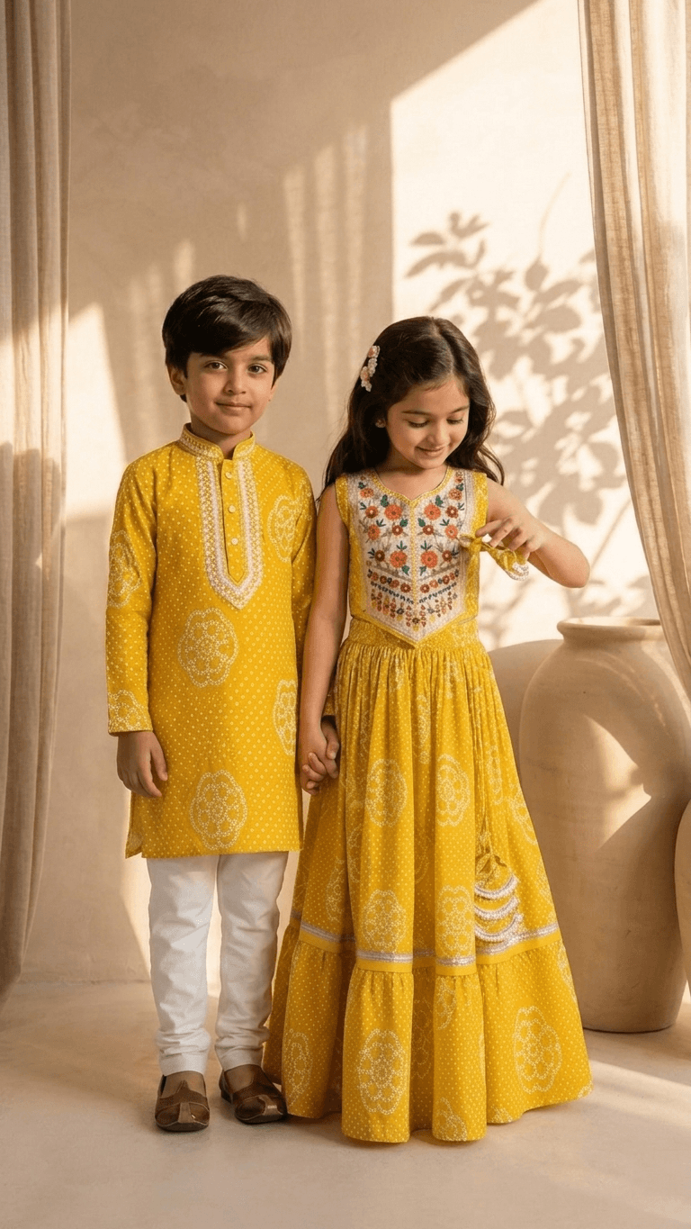 Brother Sister Matching Yellow Bandhani Festive Combo Set | Kids Haldi Lehenga Choli and Boys Kurta Pyjama Ethnic Suit