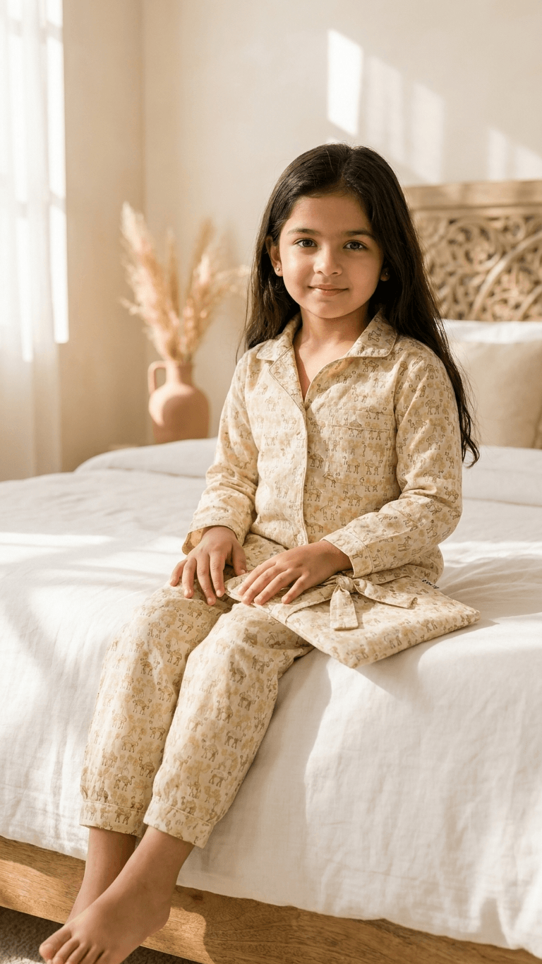 Satrangi House Unisex Kids 100% Cotton Woven Full-Sleeve Camel Print Night Suit Pajama Set with Travel Pouch - Beige
