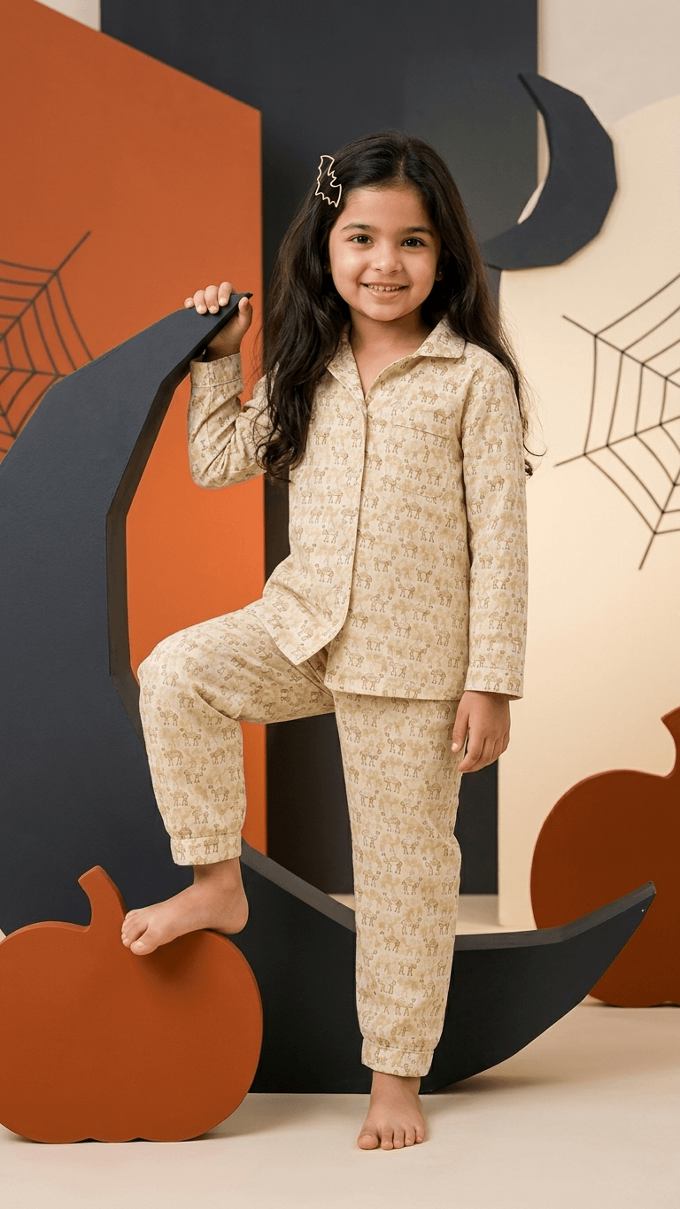 Satrangi House Unisex Kids 100% Cotton Woven Full-Sleeve Camel Print Night Suit Pajama Set with Travel Pouch - Beige