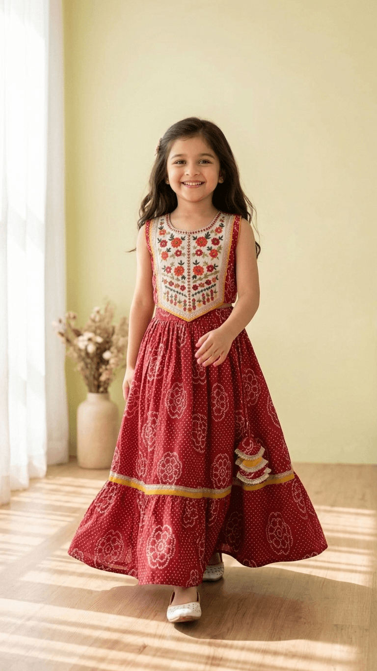 Brother Sister Matching Red Bandhani Festive Combo Set | Kids Crimson Lehenga Choli and Boys Kurta Pyjama Ethnic Suit