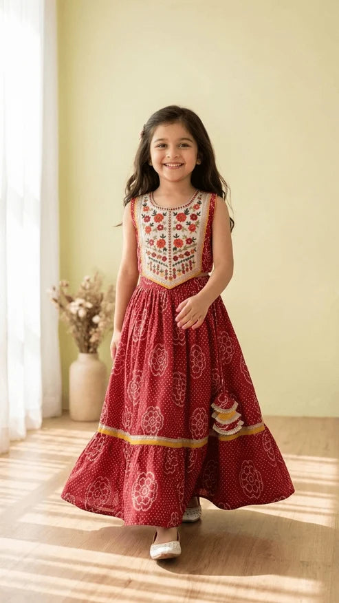 Girls RED Bandhani Printed Cotton Flared Maxi Dress with Embroidered Yoke