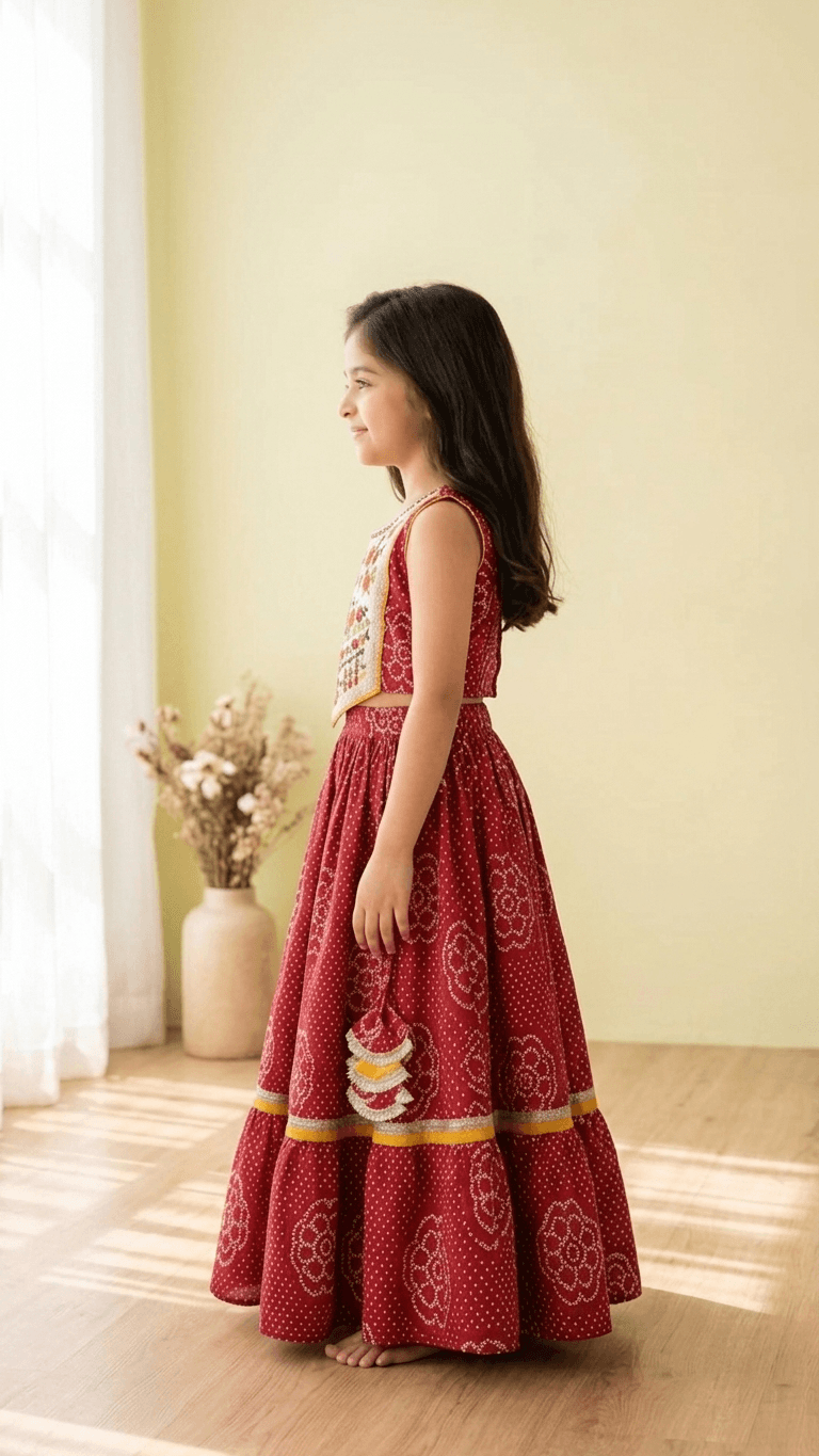Brother Sister Matching Red Bandhani Festive Combo Set | Kids Crimson Lehenga Choli and Boys Kurta Pyjama Ethnic Suit