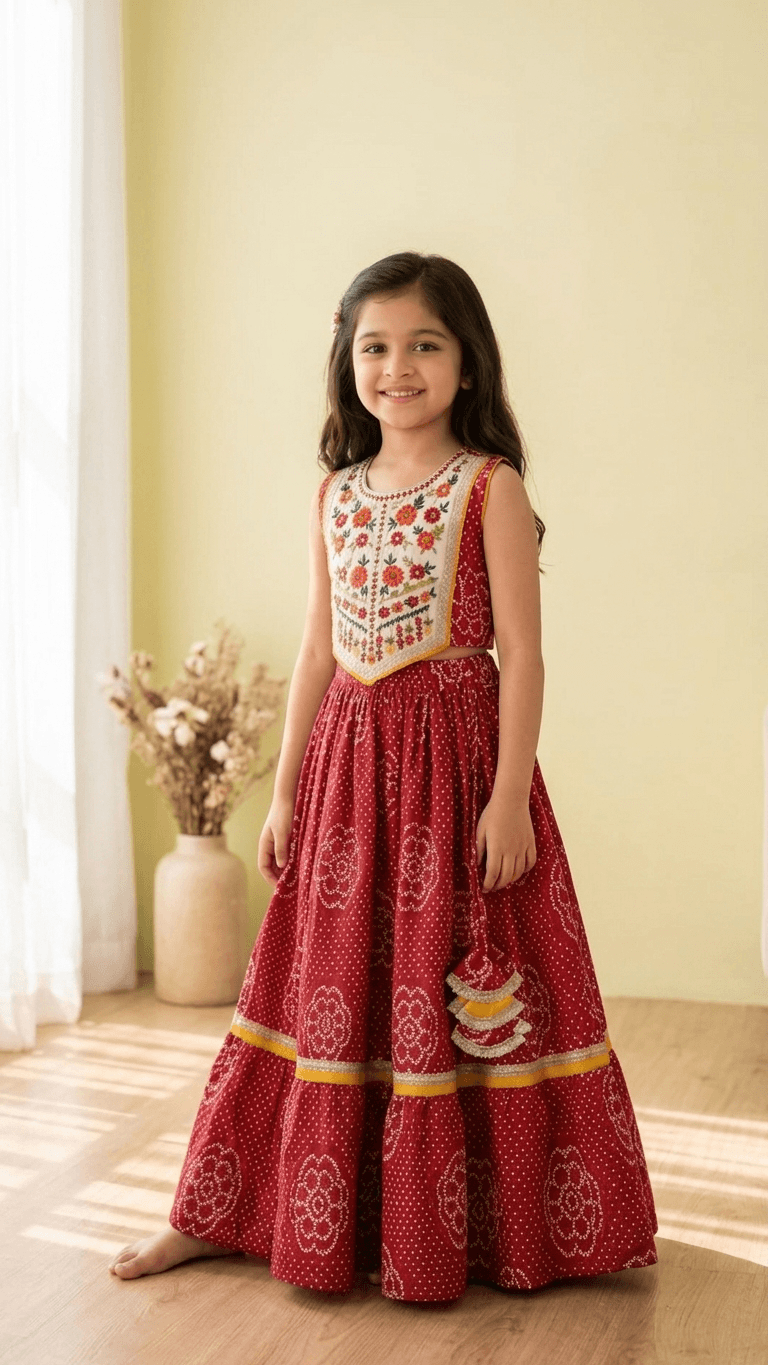 Brother Sister Matching Red Bandhani Festive Combo Set | Kids Crimson Lehenga Choli and Boys Kurta Pyjama Ethnic Suit