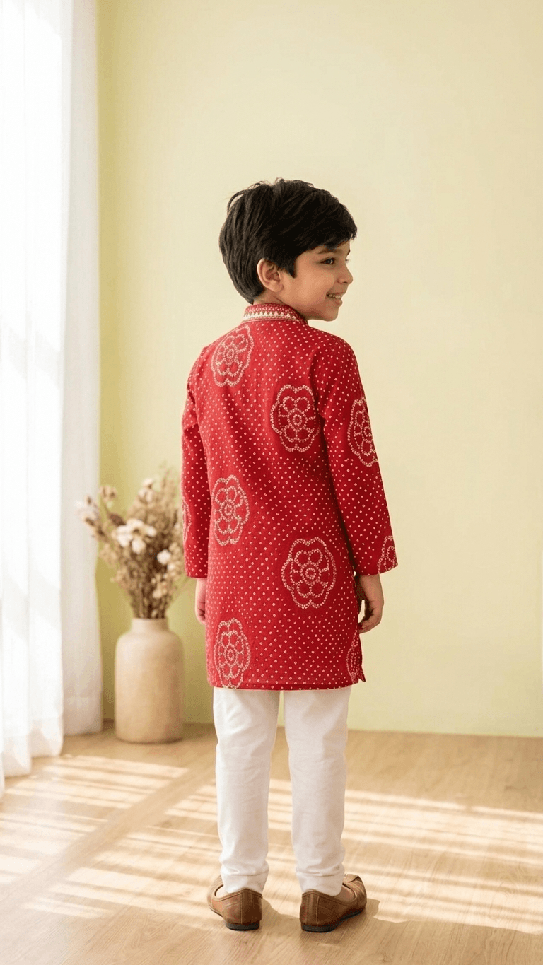 Brother Sister Matching Red Bandhani Festive Combo Set | Kids Crimson Lehenga Choli and Boys Kurta Pyjama Ethnic Suit