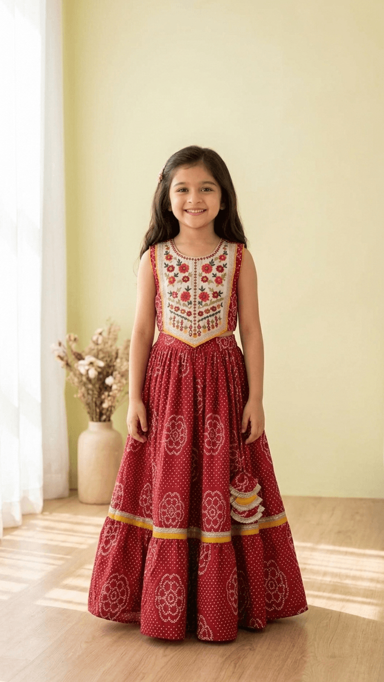Brother Sister Matching Red Bandhani Festive Combo Set | Kids Crimson Lehenga Choli and Boys Kurta Pyjama Ethnic Suit