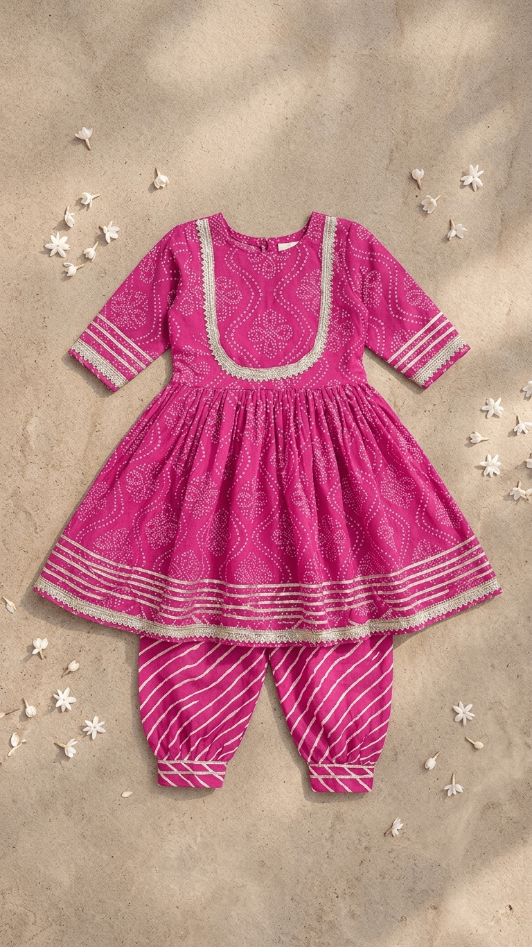 Girls Rani Pink Bandhani Print Kurti Sharara Set | Kids Gota Patti Work Traditional Salwar Kameez Suit