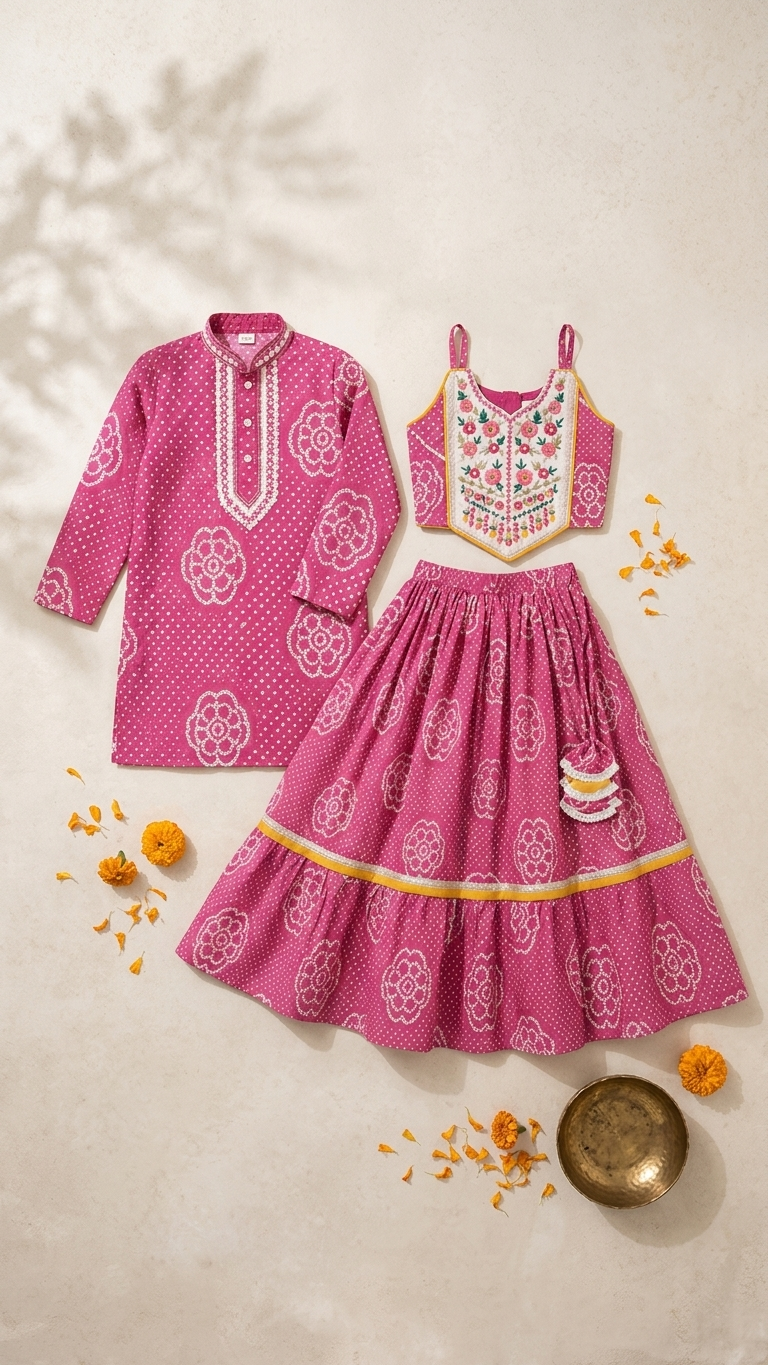 Pink Printed Sibling Ethnic Wear Set