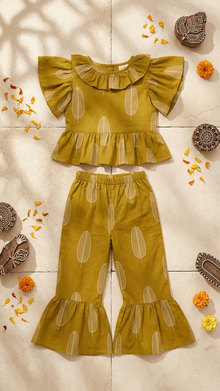 Mustard Leaf Frilled Peplum & Ruffle Pant Set