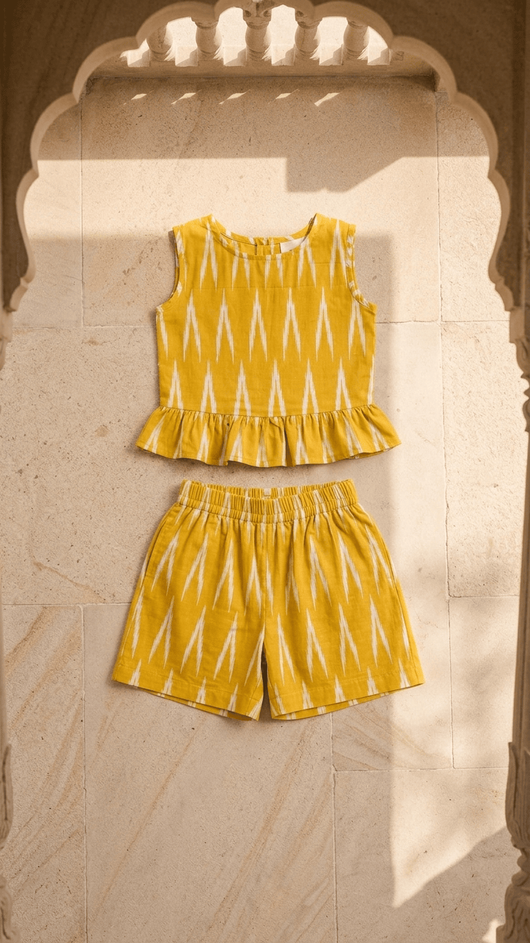 Mustard Ikat Frill Top & Shorts Set