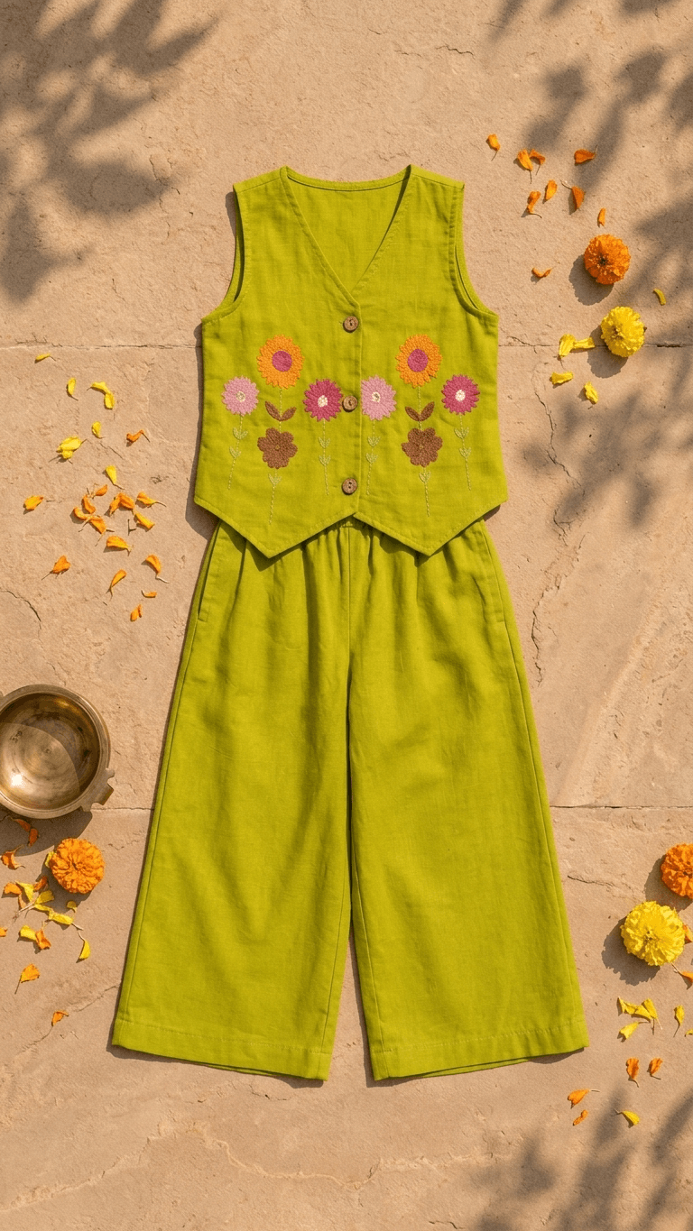 Girls Lime Green Embroidered Waistcoat and Palazzo Co-Ord Set | Kids Indo-Western Casual Festive Fusion Dress