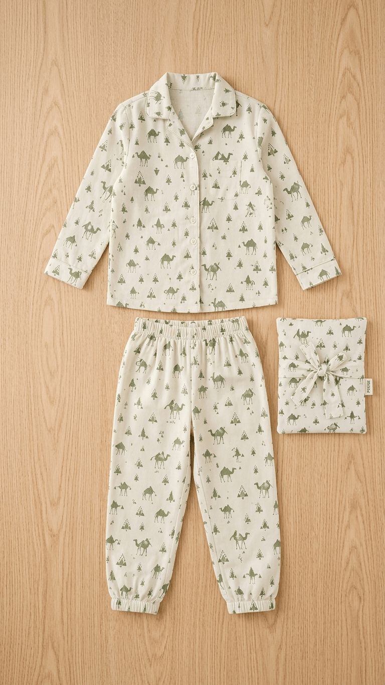 Satrangi House Kids 100% Pure Cotton Woven Full-Sleeve Sage Green Camel Print Night Suit Pajama Set with Travel Pouch