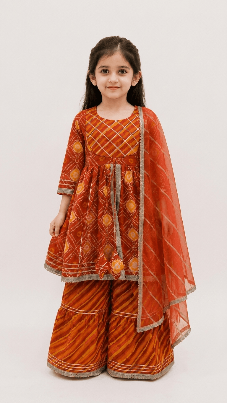 Girls Rust Orange Bandhani Print Peplum Kurti Sharara Set | Kids Gota Patti Traditional Festive Wear Suit with Dupatta