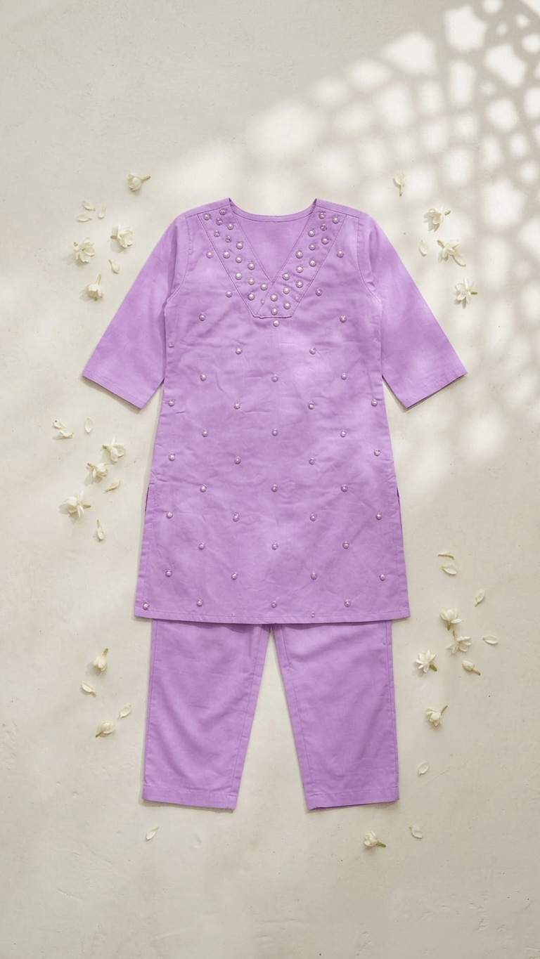 Girls Lavender Mirror Work Kurta Pant Set | Kids Traditional Cotton Straight Kurti Trousers Festive Wear