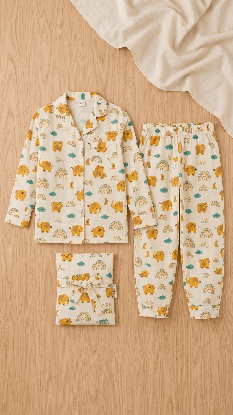 Satrangi House Kids 100% Pure Cotton Woven Full-Sleeve Yellow Elephant and Rainbow Print Night Suit Pajama Set with Travel Pouch