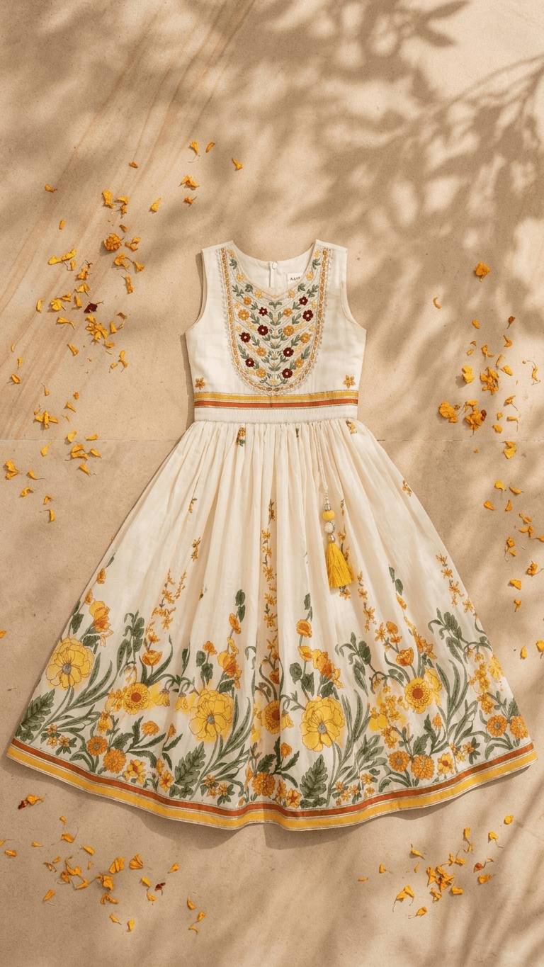 Girls Cream Floral Embroidered Ethnic Lehenga Gown Set | Kids Cotton Traditional Festive Wear Dress