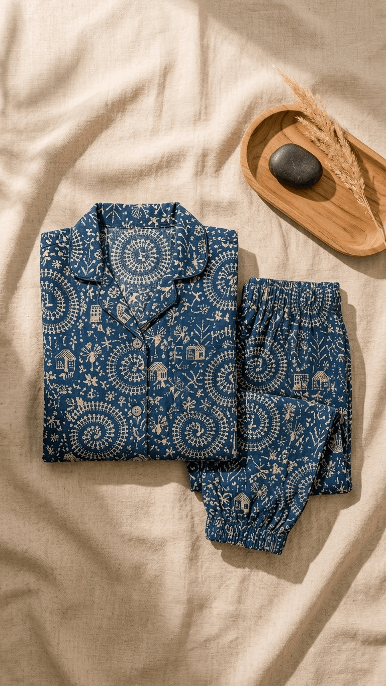 Satrangi House Kids 100% Pure Cotton Woven Full-Sleeve Indigo Blue Warli and Mandala Print Night Suit Pajama Set with Travel Pouch