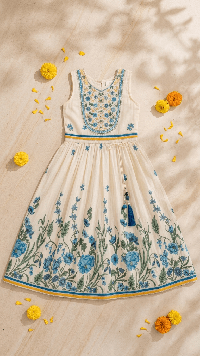 Girls Cream & Blue Floral Embroidered Ethnic Lehenga Gown | Kids Traditional Cotton Festive Wear Dress