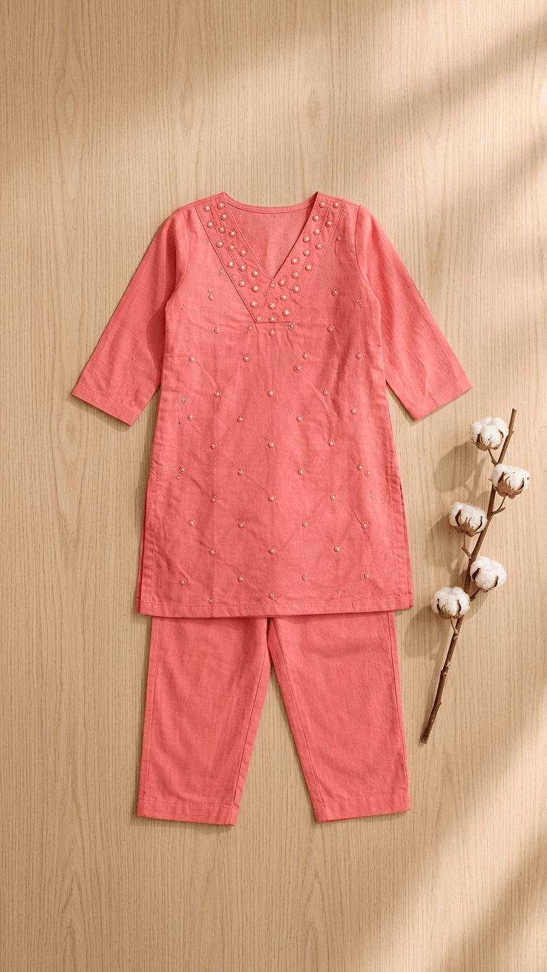 Girls Peach Mirror Work Kurta Pant Set | Kids Traditional Cotton Straight Kurti Trousers Festive Wear