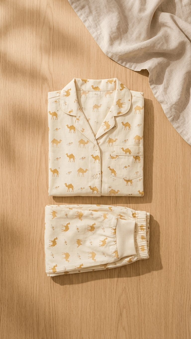 Satrangi House Kids 100% Pure Cotton Woven Full-Sleeve Mustard Yellow Camel Print Night Suit Pajama Set with Travel Pouch
