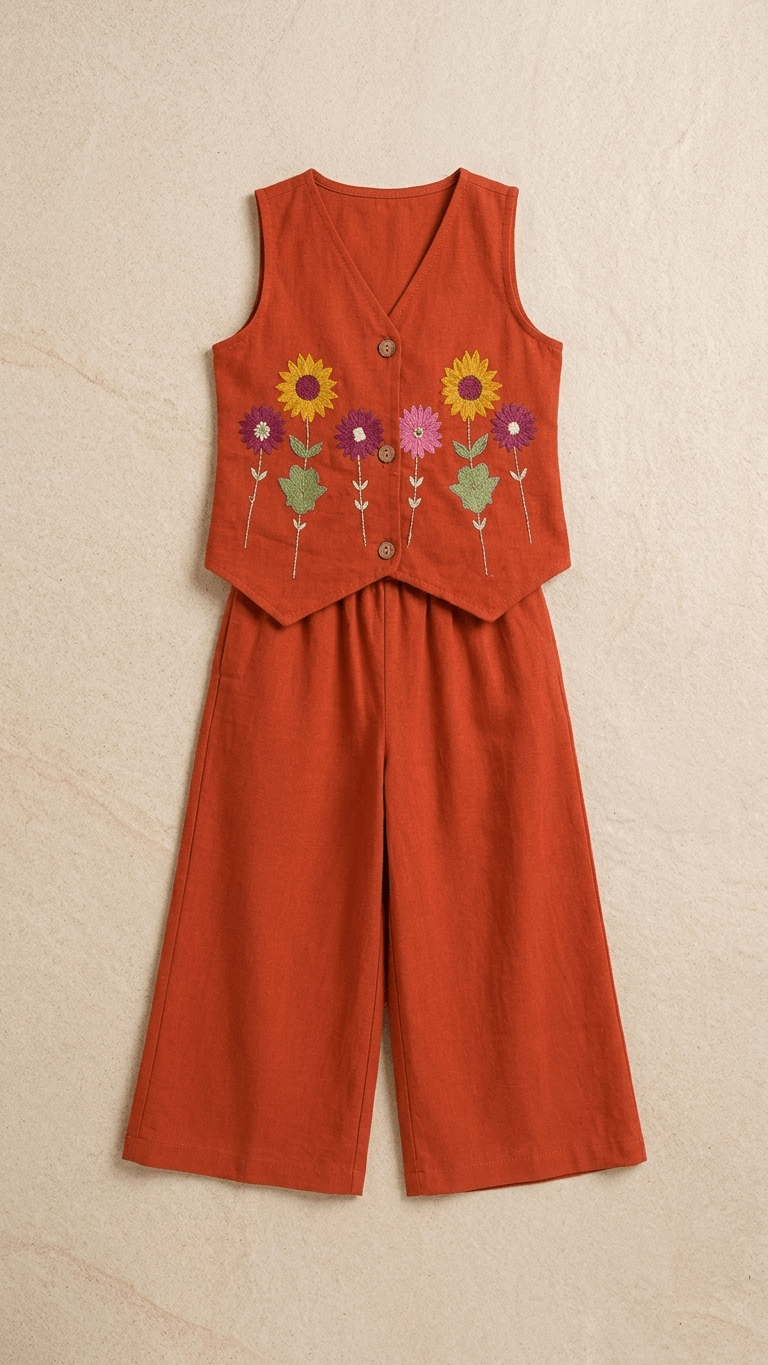 Girls Rust Orange Embroidered Waistcoat and Palazzo Co-Ord Set | Kids Indo-Western Casual Festive Fusion Dress