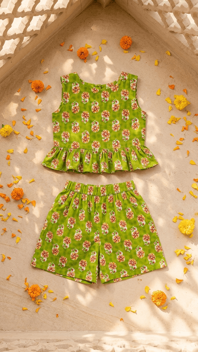Lime Green Boota Frill Top & Shorts Set