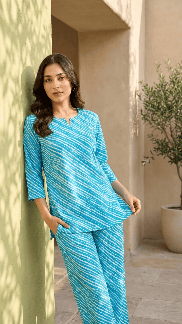 Women's Turquoise Leheriya Cotton Lounge Set