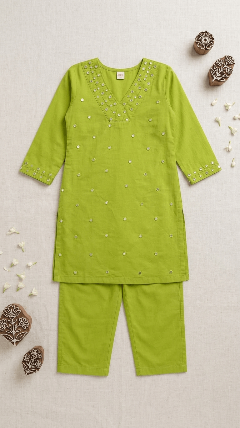 Girls Lime Green Mirror Work Kurta Pant Set | Kids Traditional Cotton Straight Kurti Trousers Festive Wear