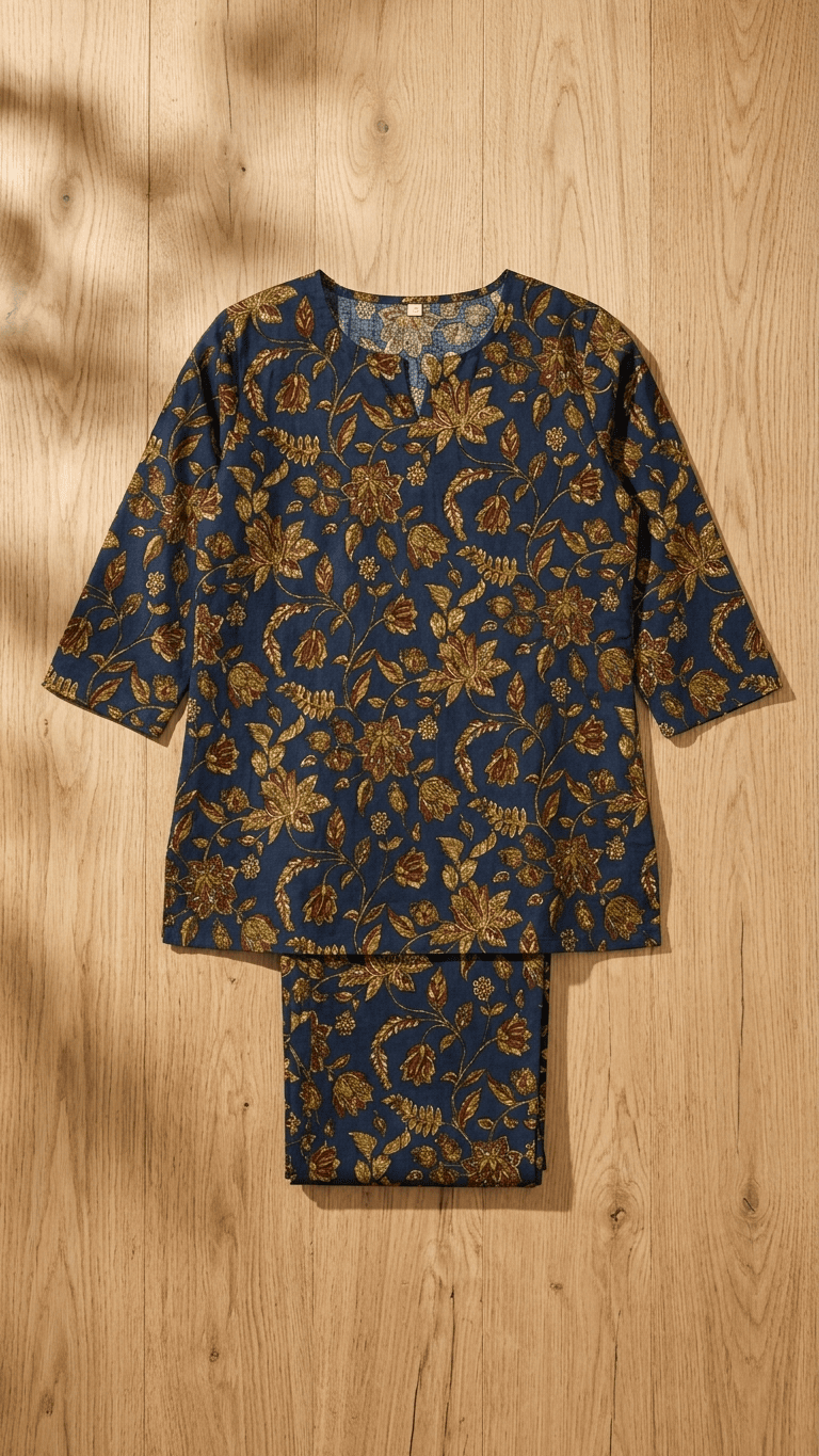 Women's Navy Gold Kalamkari Cotton Lounge Set