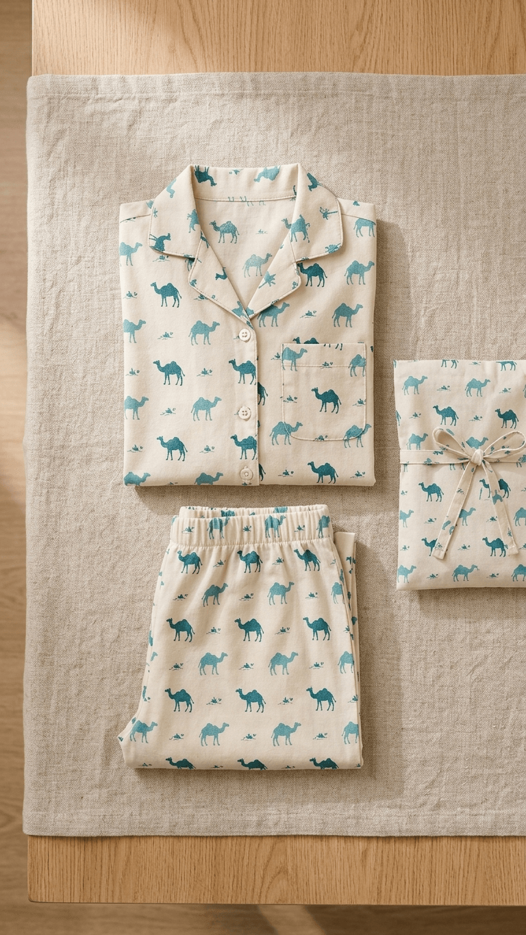 satrangi house Kids 100% Pure Cotton Woven Full-Sleeve Dark Teal Camel Print Night Suit Pajama Set with Travel Pouch