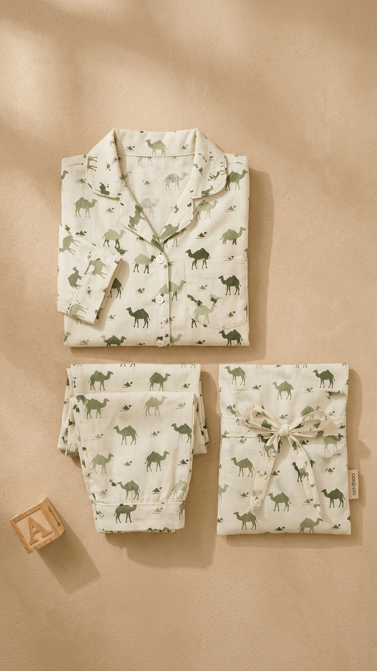 Satrangi House Kids 100% Pure Cotton Woven Full-Sleeve Olive Green Camel Print Night Suit Pajama Set with Travel Pouch