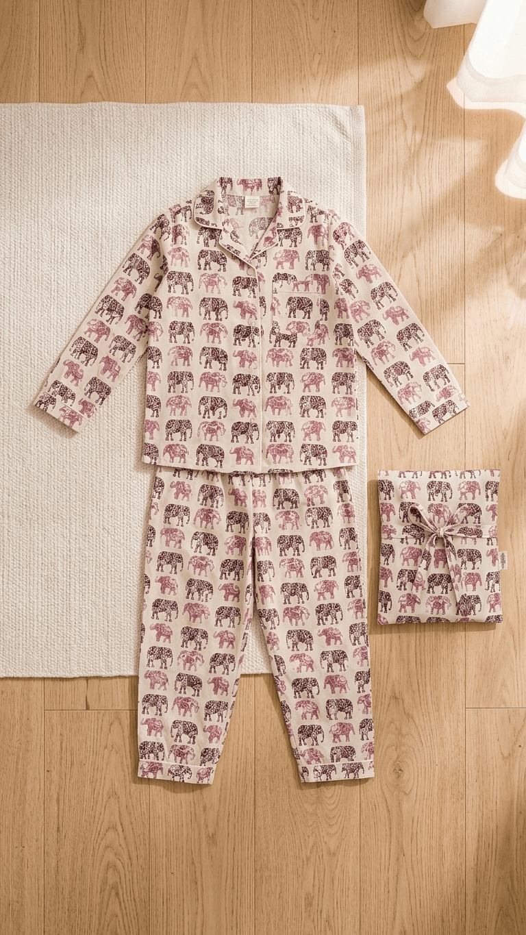 Satrangi House Kids 100% Pure Cotton Woven Full-Sleeve Maroon Elephant Print Night Suit Pajama Set with Travel Pouch - Grl-935