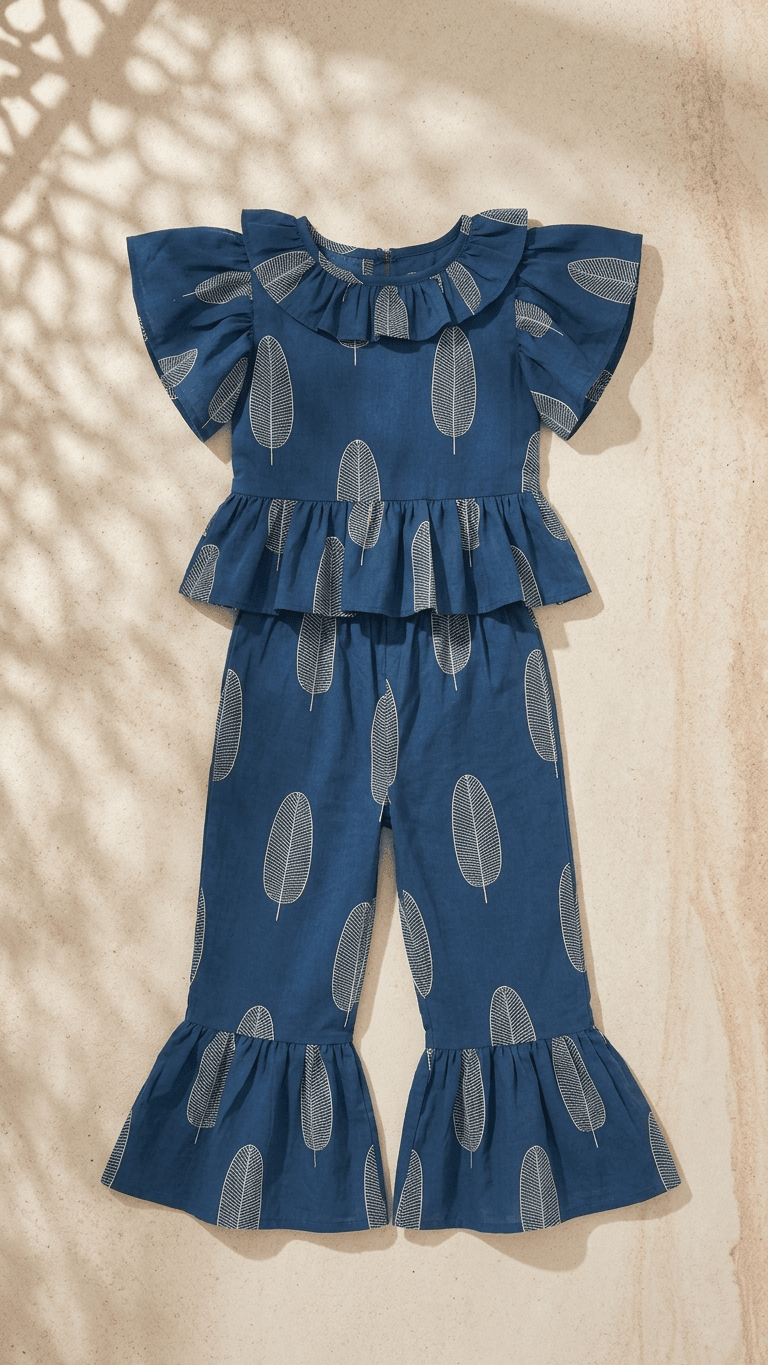 Indigo Leaf Frilled Peplum & Ruffle Pant Set