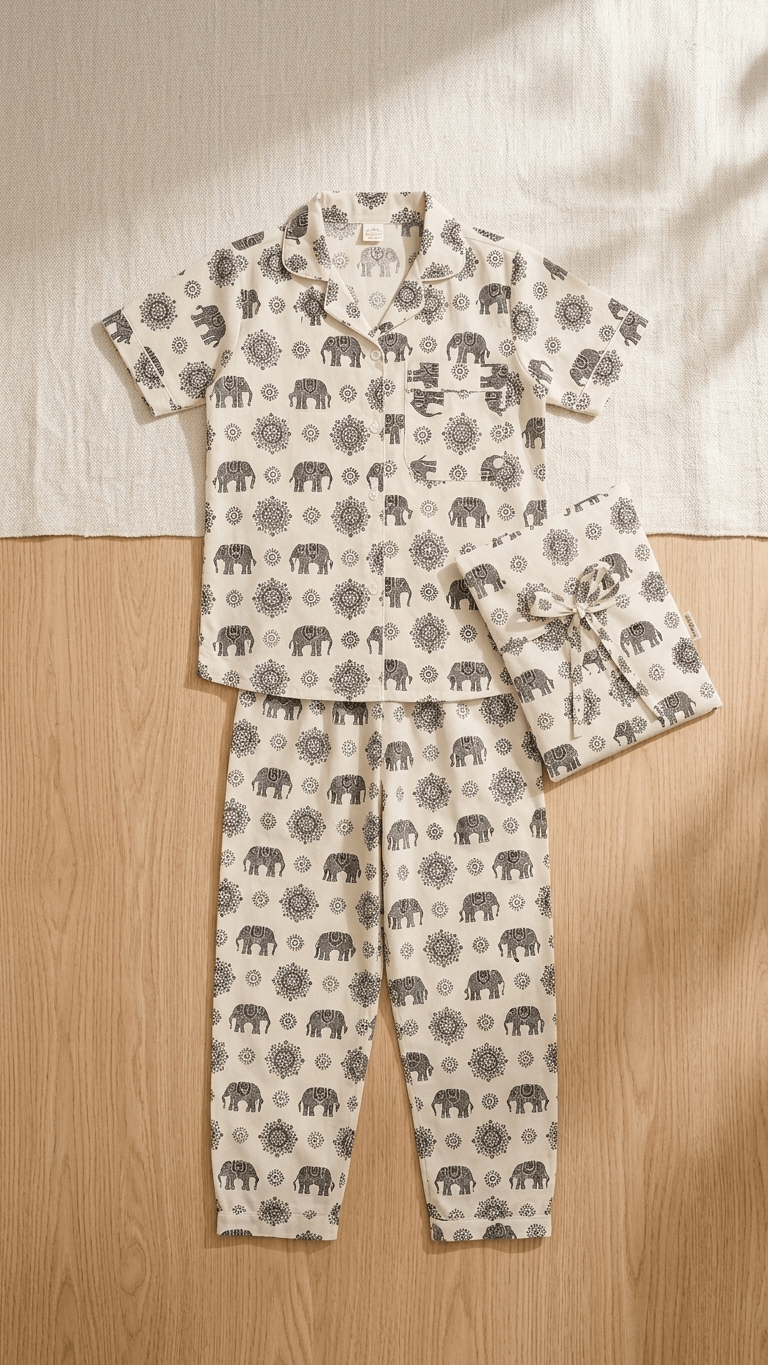 Satrangi House Kids 100% Pure Cotton Woven Full-Sleeve Black Mandala and Elephant Print Night Suit Pajama Set with Travel Pouch