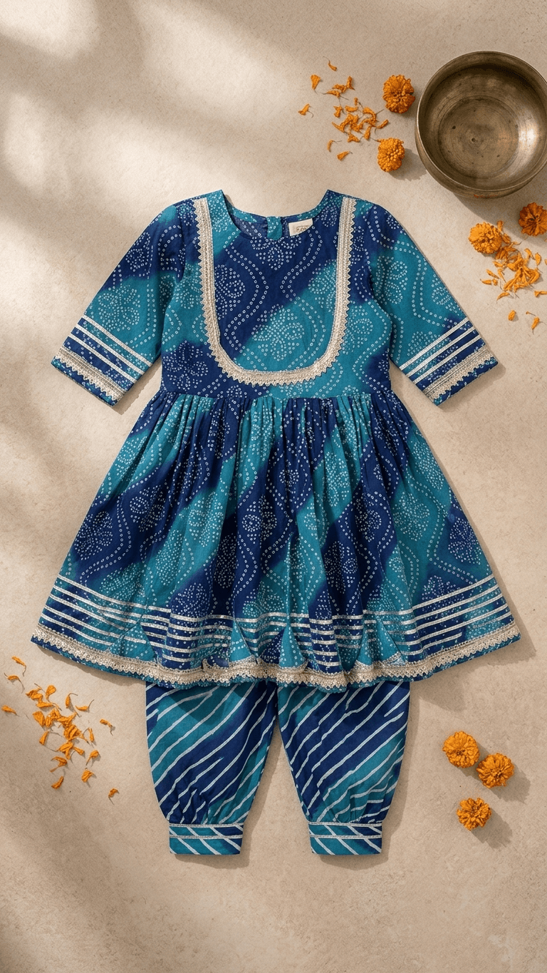 Girls Teal Blue Bandhani Print Kurti Sharara Set | Kids Gota Patti Work Traditional Salwar Kameez Suit