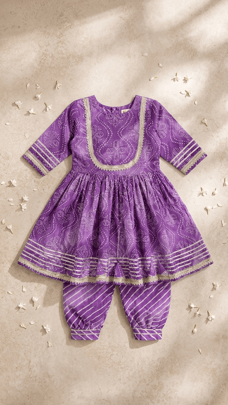 Girls Purple Bandhani Print Flared Kurti Dhoti Set | Kids Gota Patti Traditional Anarkali Salwar Kameez Suit