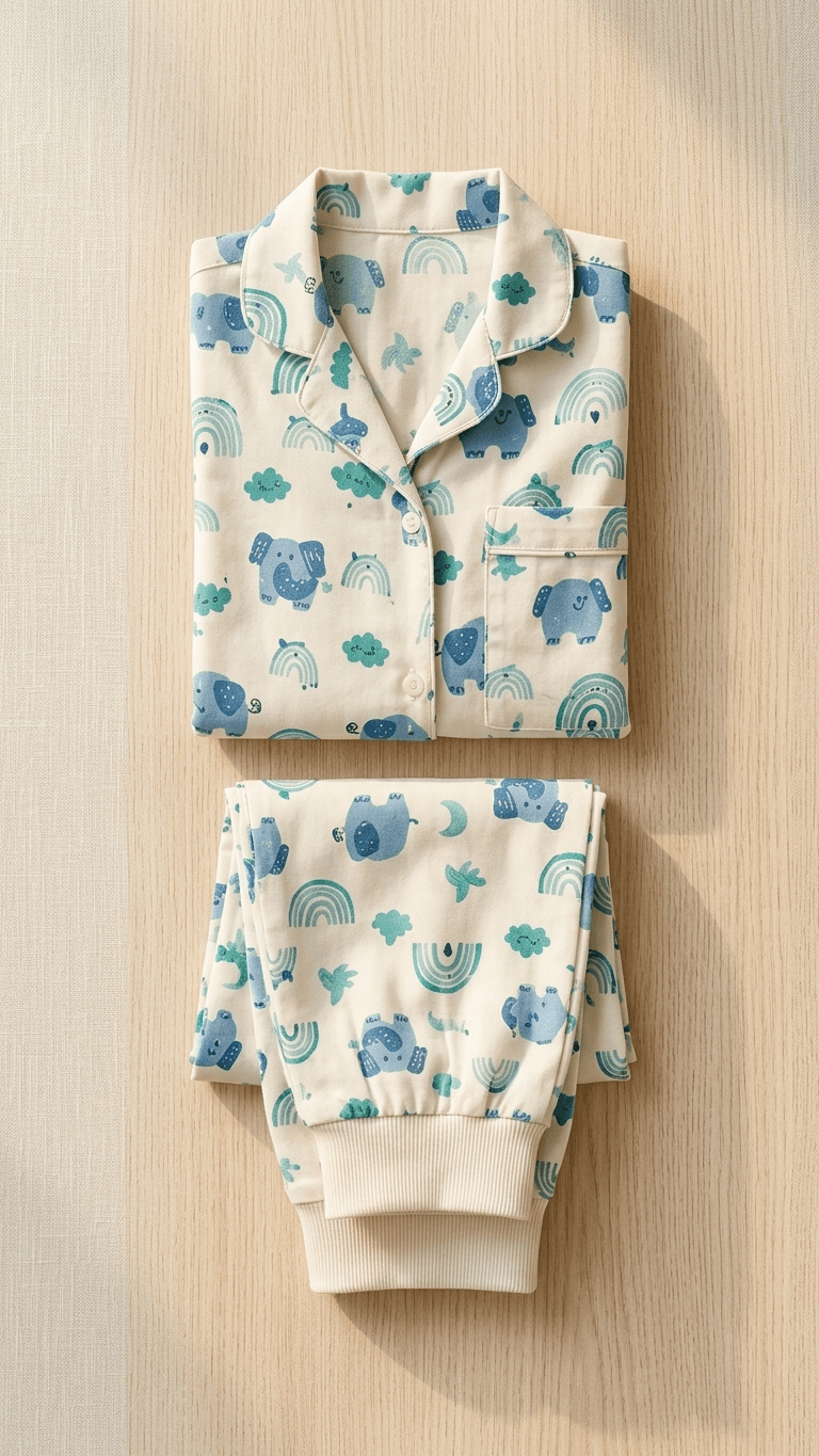 Satrangi House  Kids 100% Pure Cotton Woven Full-Sleeve Blue Elephant and Rainbow Print Night Suit Pajama Set with Travel Pouch