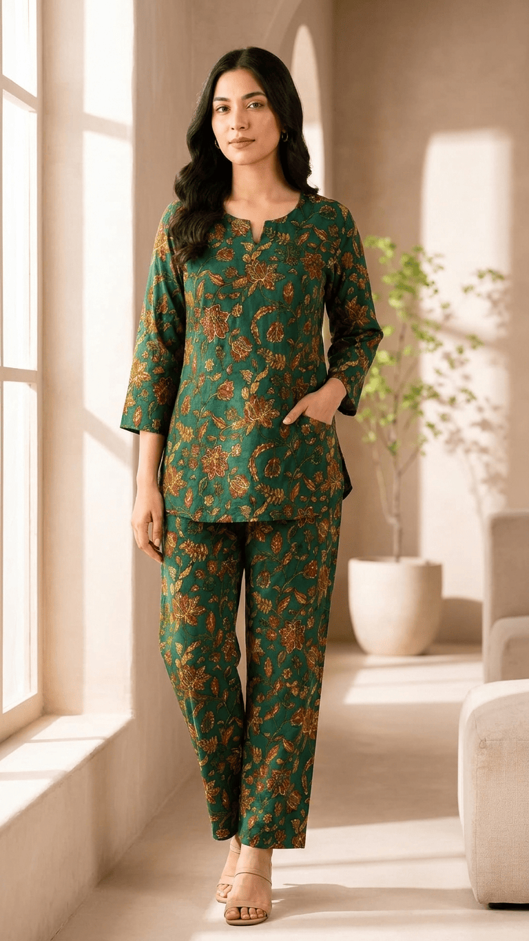 Women's Bottle Green Blossom Cotton Lounge Set
