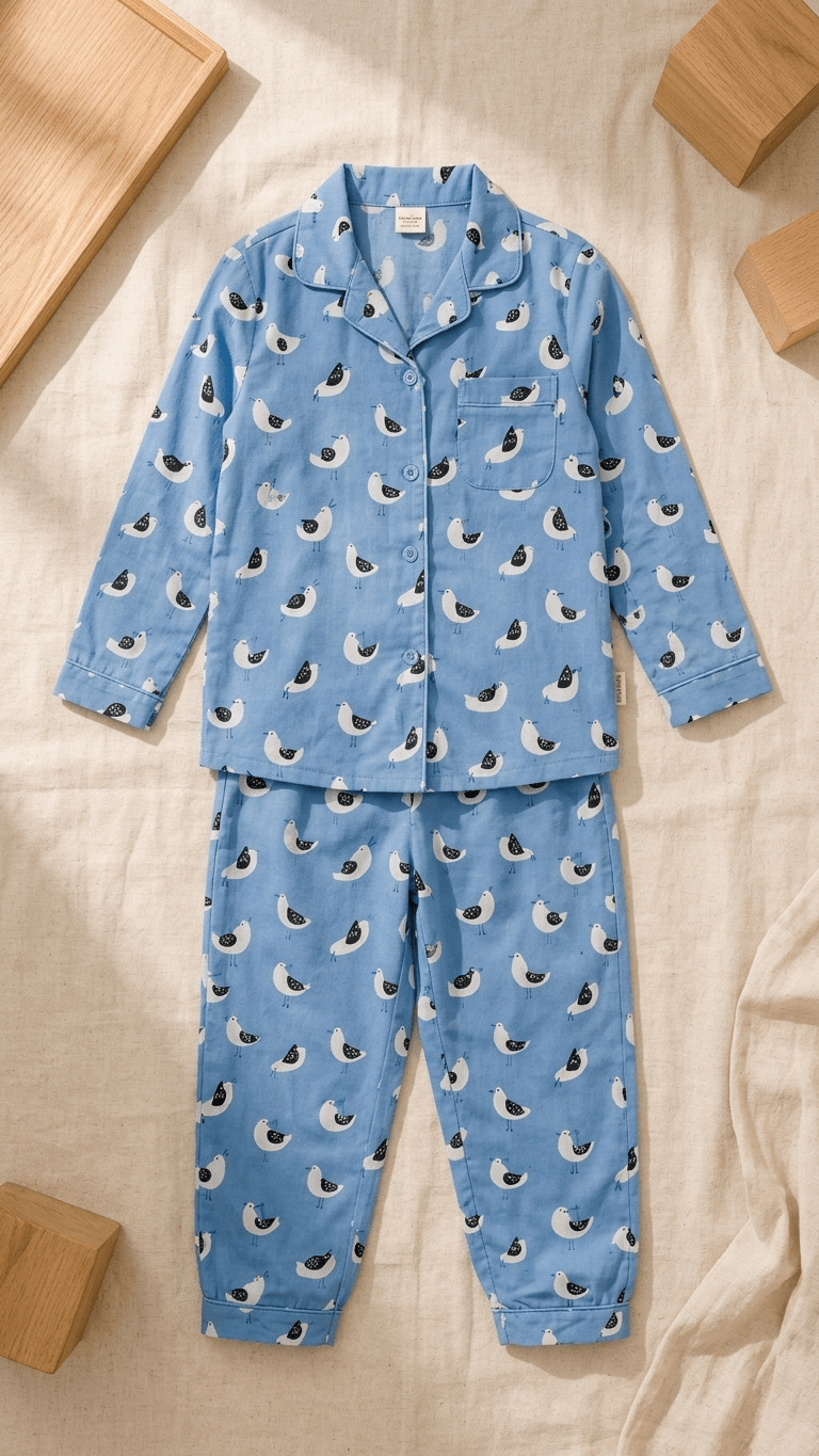 Satrangi House Kids 100% Pure Cotton Woven Full-Sleeve Slate Blue Bird Print Night Suit Pajama Set with Travel Pouch